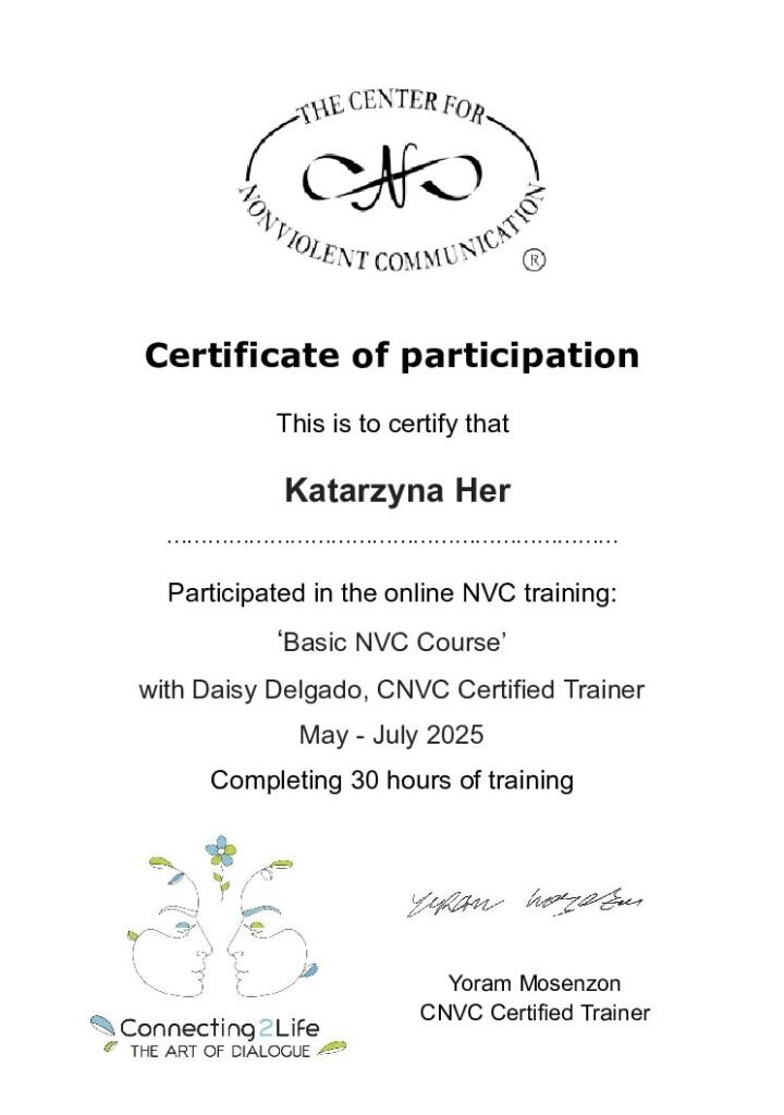 Certyfikat Basic NVC Course wystawiony dla Katarzyny Her