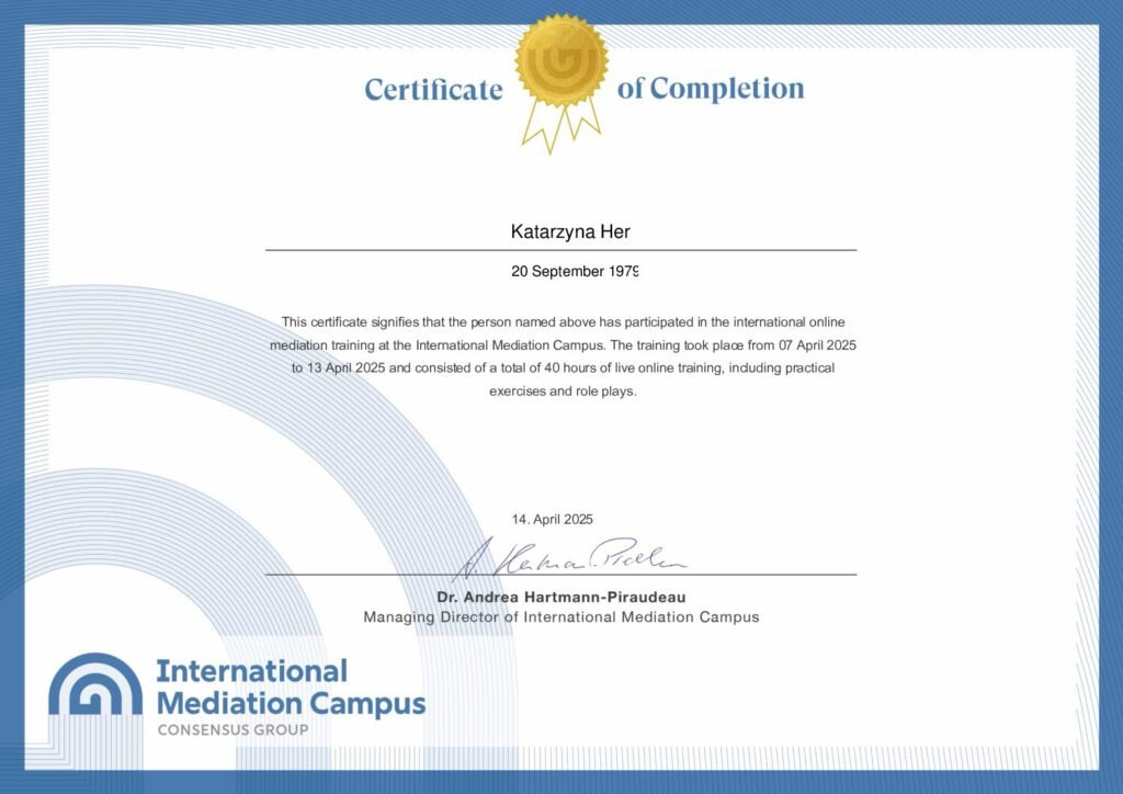 Certyfikat ukończenia szkolenia z mediacji International Mediation Campus