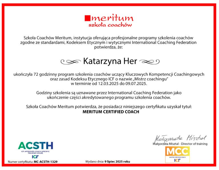Certyfikat Meritum Certified Coach wystawiony dla Katarzyny Her