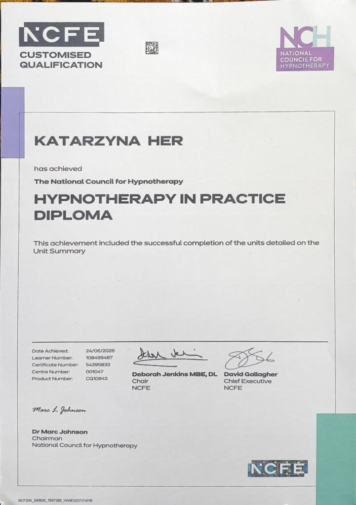 Dyplom Hypnotherapy in Practice wystawiony dla Katarzyny Her