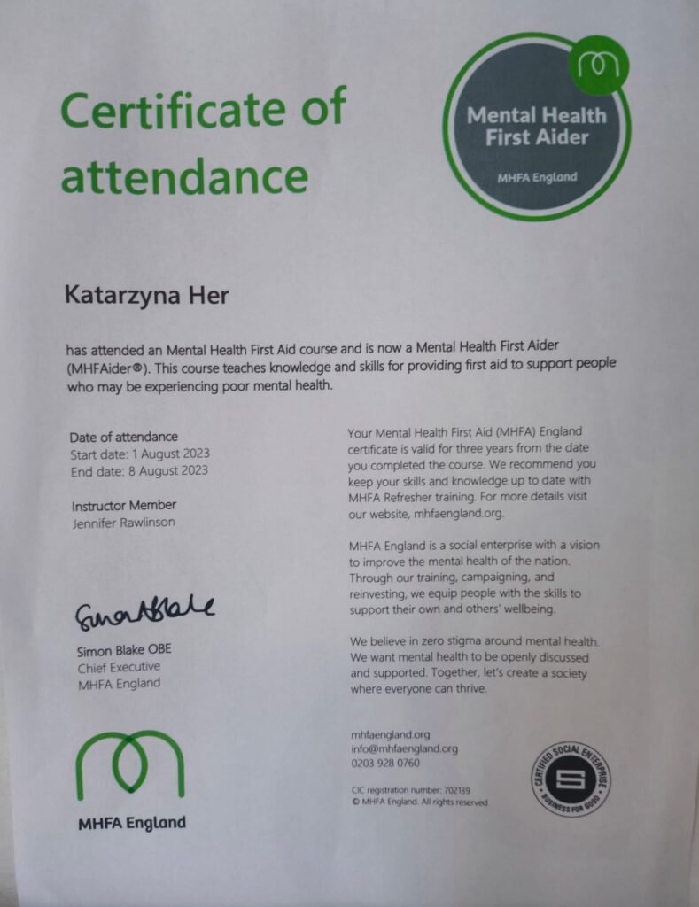 Certyfikat Mental Health First Aider MHFA England wystawiony dla Katarzyny Her